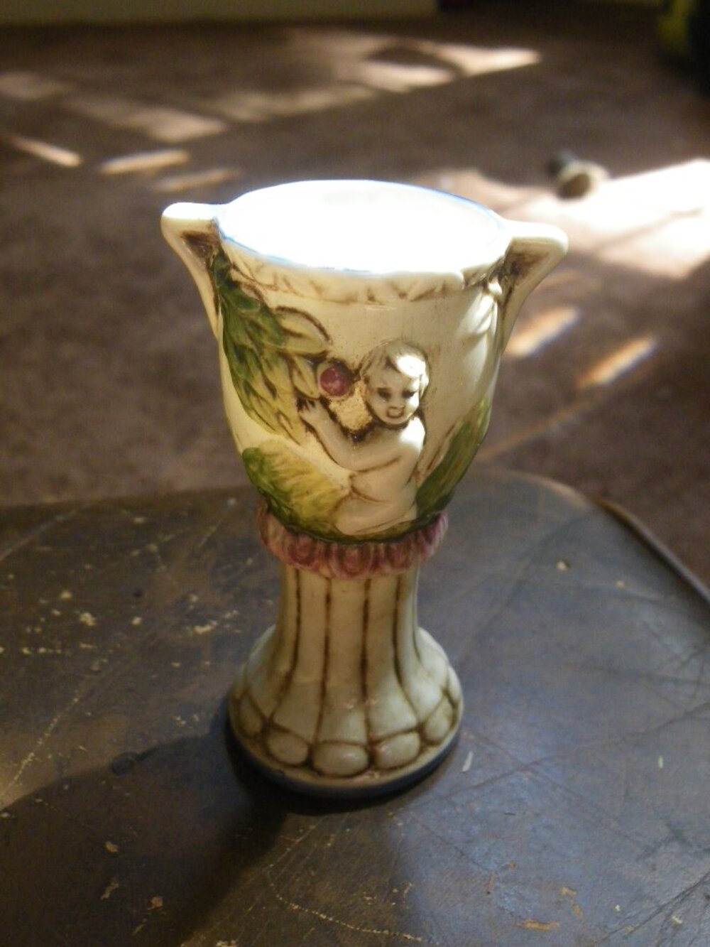 Vintage Miniature Vase w/ Cherub Wine Graphics Germany Cute!